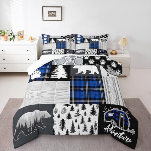 Bear Paws Comforter Set Queen Size,Pine Trees Geometric Plaids Patchwork Bedding Set for Kids Boys Girls Adults Room Decor,Hunting Adventure Down Comforter,Blue Rustic Duvet Insert,2 Pillowcases
