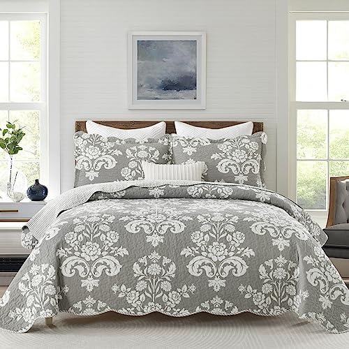 King Size Quilt Set - 100% Cotton Grey and White Quilts, 106x98
