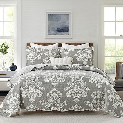 King Size Quilt Set - 100% Cotton Grey and White Quilts, 106x98