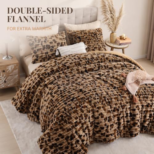 Smoofy Fluffy Full Size Comforter 3 PCS - Cheetah Brown Fleece Bedding Set