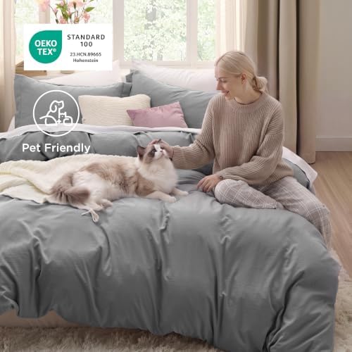 Bedsure Prewashed Cal King Duvet Cover, Cotton-Like Soft Bedding Set, Grey