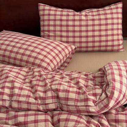 Mucalis Red Gingham Plaid Duvet Cover Queen Washed Cotton 3-Piece Beige Checkered Bedding Set Full Zipper Closure,Soft Breathable Grid Patterned Comforter Cover (1 Duvet Cover+2 Pillowcases)