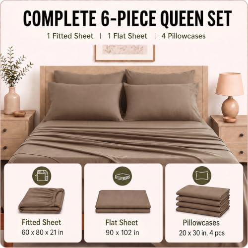 CozyLux Queen Sheet Set 6-Piece, 21-Inch Deep Pocket, Soft Brushed Feel