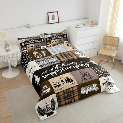 Castle Fairy Happy Camping Comforter Set Queen Size,RV Camper Adventure Tent Patchwork Bedding Set for Women Adult,Rustic Farmhouse Lake Cabin Brown Check Luxury Bed Duvet Insert, 2 Pillowcases