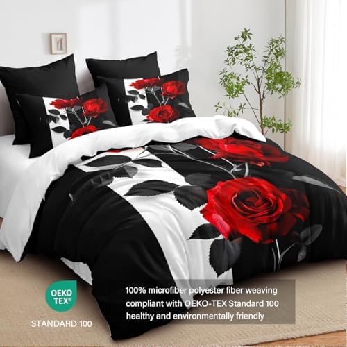 CCoutueChen Red Black Comforter Set Queen Striped Rose Floral Bedding