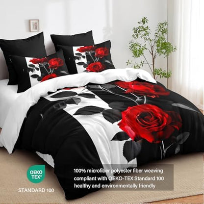 CCoutueChen Red Black Comforter Set Queen Striped Rose Floral Bedding