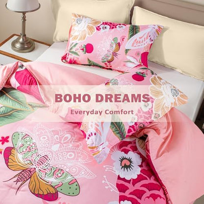 Tyrot Pink Boho Floral Queen Comforter Set - 3 Piece Coquette Cute Botanical Bedding Comforter Sets for Women Girls, Soft Lightweight Mid Century Bed Set, (1 Reversible Comforter and 2 Pillow Shams