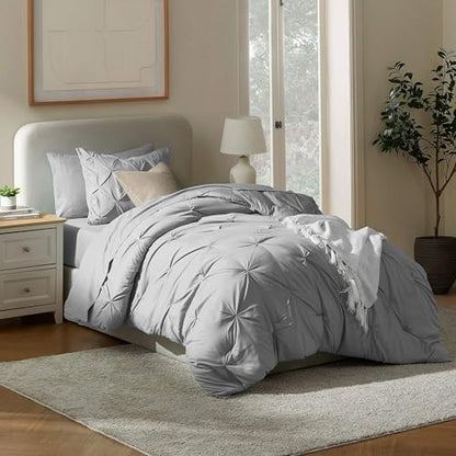 Nestl 7 Piece Twin XL Comforter Set – Grey Pinch Pleated Bed in a Bag – Complete Twin XL Size Bedding Set with Sheets, Set of 2 Cooling Pillows, Pillowcase and Sham