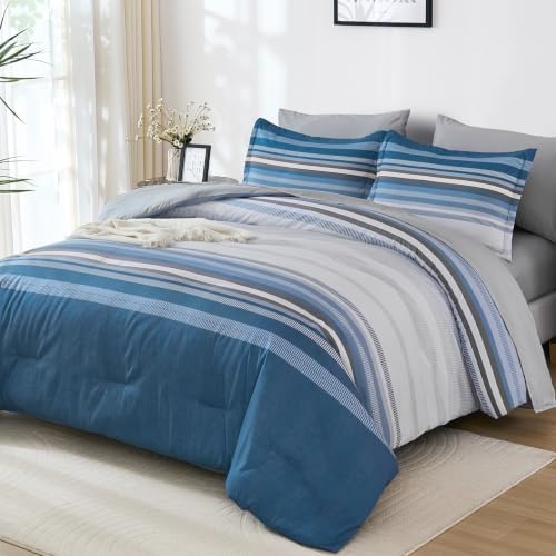 Dobuyly Grayish Blue Comforter Full Size Set 7 Pieces, Boho Striped Bed in a Bag Full Soft Microfiber All Season Grey Bedding Set with Comforter, Sheets, Pillowcases & Shams