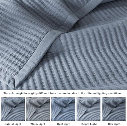 WDCOZY Dusty Blue Twin Size Quilt Set, Striped Pick Stitch Bedspread