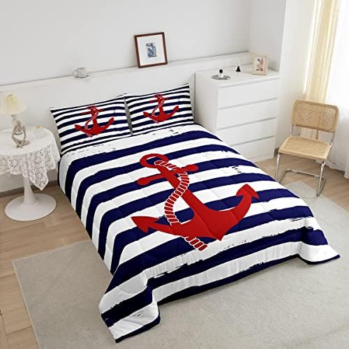 Castle Fairy Kids Nautical Anchor Comforter Set Full Size,Navy Blue Stripes Bedding Sets 3pcs Ocean Adventure Theme Quilted Duvet for Teens Men Bedroom Decoration,Modern with 2 Pillowcases
