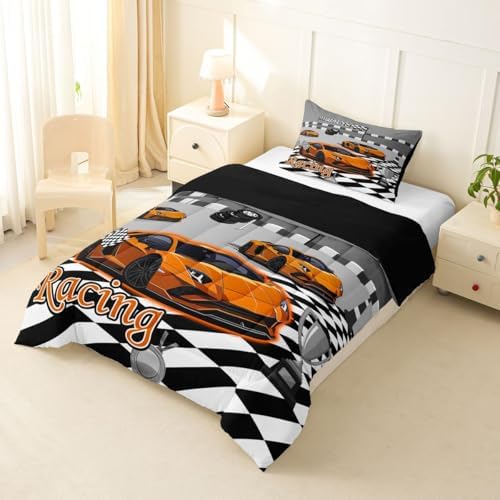 Feelyou Boys Race Car Bedding Set Soft for Boys Girls, Speed Sports Car Comforter Set Twin Size Orange Racing Duvet Quilt Microfiber Extreme Sports Bedroom Decor Automobile 2 Pcs with 1 Pillow Cases