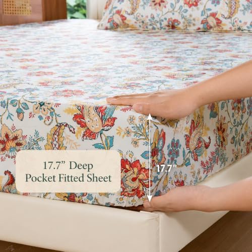 FADFAY Full Ivory 100% Egyptian Cotton Paisley Sheets Set 4 Piece, Vintage Botanical Cottagecore Bedding, Soft Breathable Boho Floral Farmhouse Bedding with Deep Pocket Fitted Sheet for All Seasons