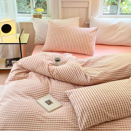 LifeTB Pink Gingham Comforter Set Full Modern Style Pink Plaid Comforter Set 3 Pieces Grid Checkered Pattern Comforter with 2 Pillowcases Fluffy Boho Farmhouse Gingham Bedding Comforter Full