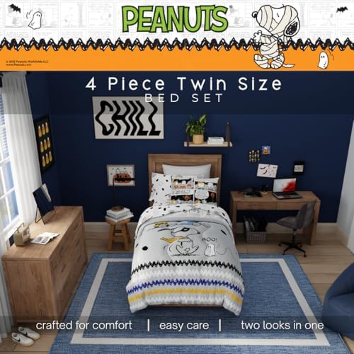 Franco Peanuts Snoopy Halloween Bedding Set, 4 Piece Super Soft Reversible Comforter and Sheet Set, Twin, (100% Officially Licensed Product) Collectibles