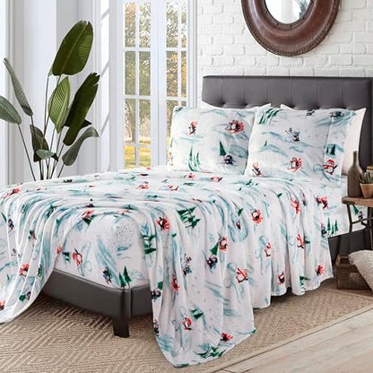 Elegant Comfort Luxuriously Soft 4-Piece Holiday Velvet Plush Flannel Sheet Set - Premium Quality - Cozy Warm, Christmas Fuzzy Velvet Flannel Fleece Deep Pocket Sheet Set - Cal King, Skiing Penguins