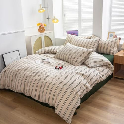 Mucalis Beige Duvet Cover King with Green Striped 100% Washed Cotton Duvet Cover Set Vintage 3 Piece Stripes Pattern Bedding Set with Zipper Closure Corner Ties,Durable,Breathable,Easy Care
