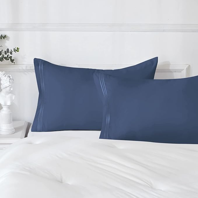 YIYEA King Pillow Cases Set of 4, Ultra Soft 1800TC Hotel Quality Double Brushed Microfiber Embroidered Pillowcases, Envelope Closure, Fade Resistant (20"x36", Denim)