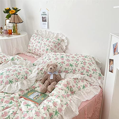 VM VOUGEMARKET Girls Ruffle Bedding Set Twin XL 3 Pieces Pink Flower Duvet Cover Set with Lace Edge-100% Cotton Elegant Princess Style Comforter Cover-68x90 Inch