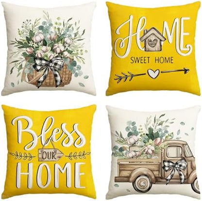 AVOIN colorlife Bless Our Home Farmhouse Eucalyptus Leaves Throw Pillow Covers, 18 x 18 Inch Truck Home Sweet Cushion Case Decorations Set of 4
