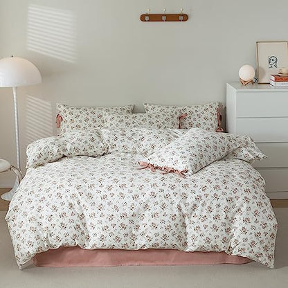 mixinni Vintage Style Girls Pale Pink Flower Pattern Duvet Cover King Soft Aesthetic Floral Cotton Bedding Set 1 Duvet Cover with 2 Bow Tie Pillowcases for Teen Girl Cute-King Size