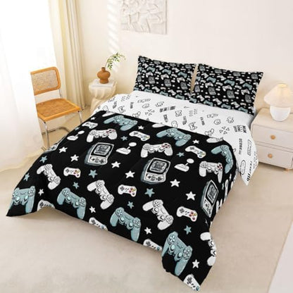 Castle Fairy Gamepad Comforter Set Queen Size,Video Gaming Black Down Alternative Adults Room Decor,Kids Games Consoles Ultra Soft Microfiber Inner Fill 3Pcs Bedding