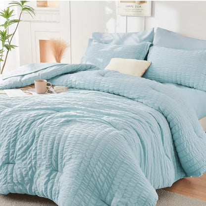 HYMOKEGE Lake Blue Oversized King Comforter Set Seersucker 7 Pieces, All Season Luxury Bed in a Bag for Bedroom, Bedding Set with Comforter, Sheets, Pillowcases & Shams