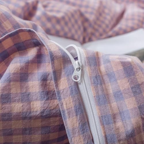 mixinni Purple Gingham Grid Duvet Cover Queen, 100% Washed Cotton Modern Geometric Bedding Set with 2 Pillowcases, Farmhouse Style Yellow Plaid Comforter Cover Set for Men & Women, Soft & Lightweight