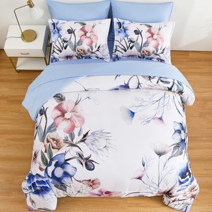 Luxudecor Floral Comforter Set King Size 7 Piece, Blue Flower Bed in a Bag, Elegant Floral Comforter with Sheet Set, Soft Microfiber Bedding Set for All Season (Blue, 104"x90")