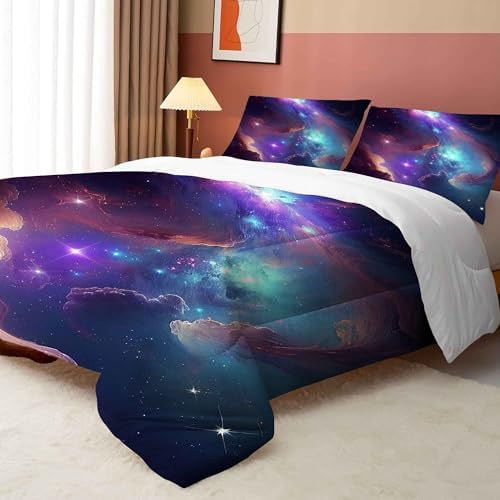 Galaxy Comforter Set Queen Size, Purple Space Bedding Set for Girls Boys Kids Teens Women Quilt Colorful Starry Sky Glitter Nebula Bedroom Decor, 1 Comforter 2 Pillowcases