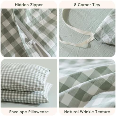 JIYUAN California King Washed Cotton Duvet Cover Set,Classic Gingham
