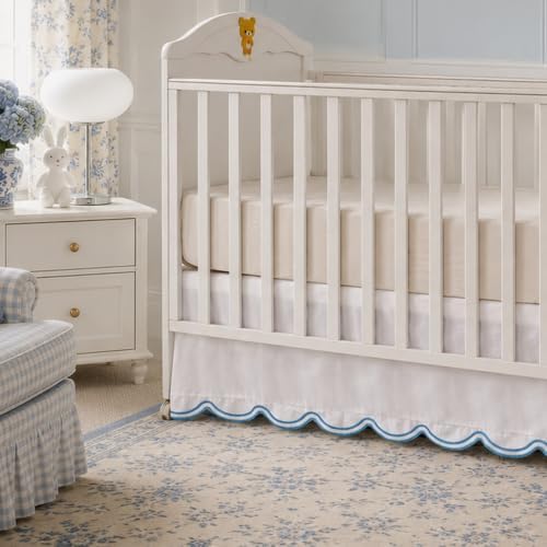 Brandream 100% Organic Cotton Crib Skirt for Baby Boy & Girl, Embroidered Blue Scalloped Edge Crib Dust Ruffle, Soft Breathable Nursery Bedding Decoration, Fits Standard Cribs & Toddler Bed, 16" Drop