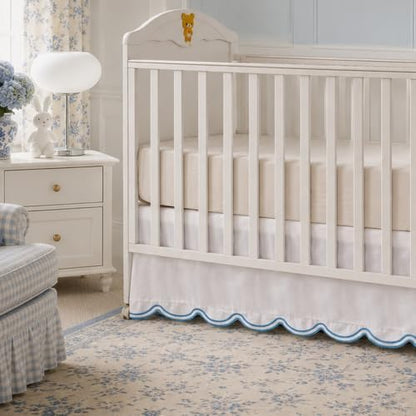 Brandream 100% Organic Cotton Crib Skirt for Baby Boy & Girl, Embroidered Blue Scalloped Edge Crib Dust Ruffle, Soft Breathable Nursery Bedding Decoration, Fits Standard Cribs & Toddler Bed, 16" Drop