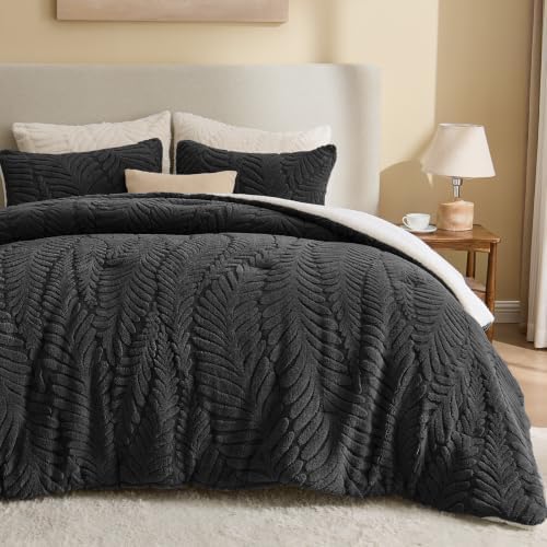 BEDELITE Fluffy Sherpa King Comforter Set,Leaf-Black