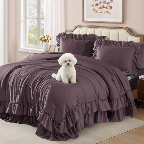 California King Comforter Set Dark Purple Ruffle 7 Pieces Bed in a Bag