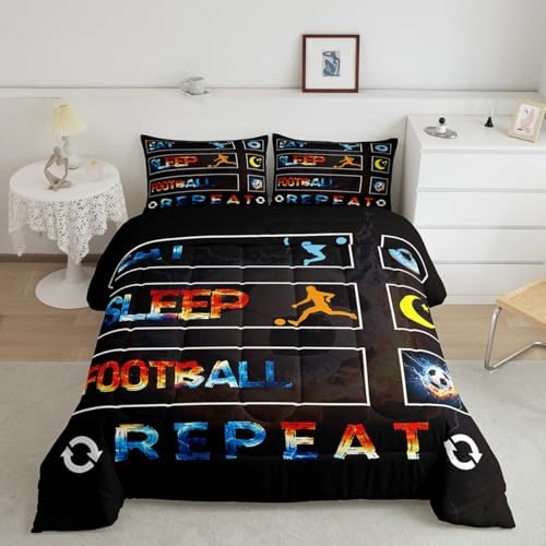 Boys Football Comforter Set, Soccer Sports Games Bedding Set Twin Size For Kids Girls Teens Adult Men, Ice And Fire Duvet Insert Eat Sleep Football Bedding Comforters With 1 Pillow Case, Gold Blue