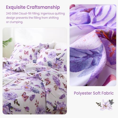 Mooreeke Purple King Size Comforter Sets, Purple Flower and Butterfly Printed Bedding for All Seasons, 3-Piece Vintage Bed in a Bag with Fluffy Quilted Reversible Comforter & 2 Pillow Shams
