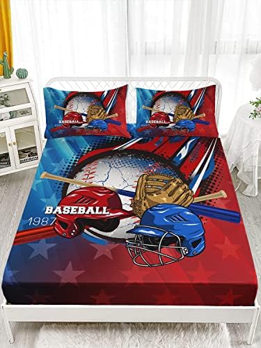 HOSIMA Boys Teens Baseball Bedding Set Twin,1 Fitted Sheet+2 Pillowcases.