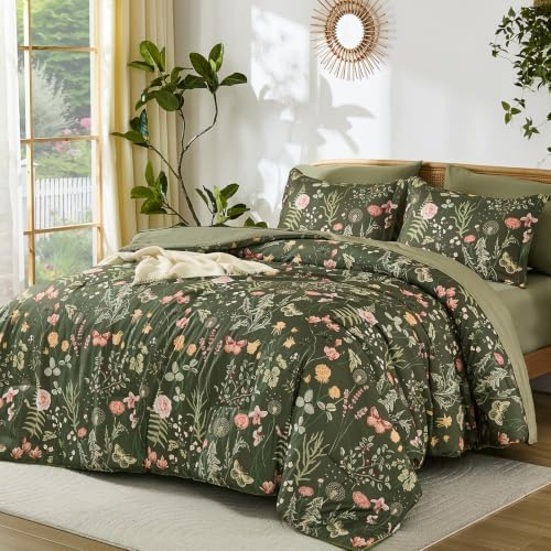 Yiran Queen Comforter Set Olive Green, Floral Bedding Set 7 Piece Bed in a Bag with Botanical Flowers Summer Soft Lightweight Complete Comforters with Sheets for All Season