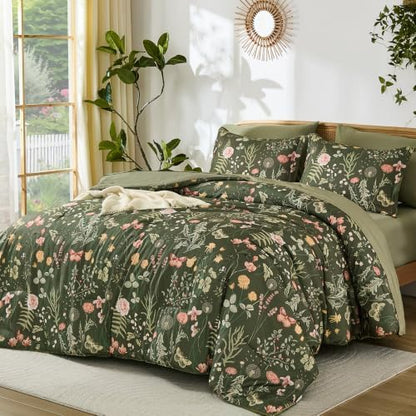 Yiran King Size Comforter Set 7 Piece, Olive Green Floral Bedding Set Summer, Lightweight Bed in a Bag with Botanical Flowers Soft Vintage Comforters with Sheets Shams for All Season