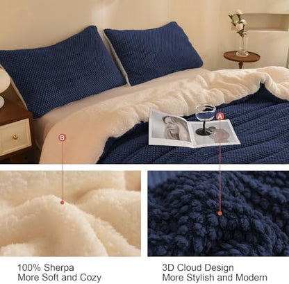 LLanCL 3D Jacquard Design Comforter Set, Ultra-Soft Warm Queen Size Sherpa Fur Plush 3-Pieces Sets Luxury Cozy Bedding with 2 Pillowcases (90"x90", Navy Blue)