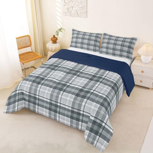 Manfei Blue Grey Plaid Comforter Set Full Size,Geometric Line Grid Bedding Set 3pcs,Classic Homestead-Style Down Comforter for All Season,Kids Boys Girls Room Decor,2 Pillowcases,No Sheets