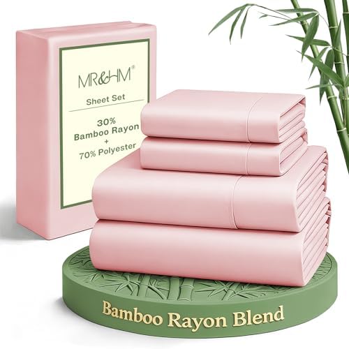 MR&HM King Size Sheet Set 4 Pieces, Rayon Derived from Bamboo Blend, Pink