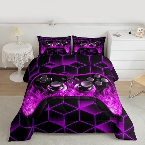 Purple Gaming Comforter Sets for Boys Gamer Gifts,Neon Geometric Toddler Bedding Sets for Boys,3D Geometric Kids Comforter Set Flame Gaming Consoles Decor Boy Bedroom Decor