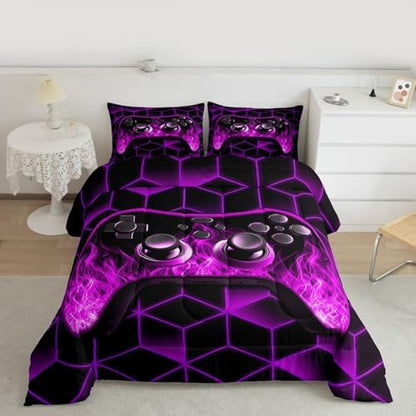 Purple Game Console Comforter Set - Neon Geometric Gamer Bedding, 3D Geometric Boys Comforter Set with Flame Gaming Consoles Decor