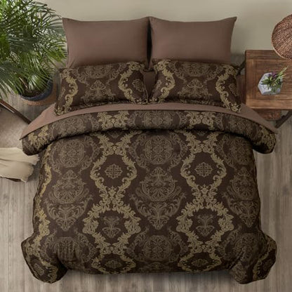 WONGS BEDDING Damask Comforter Set Queen Size, Coffee Gold Texture Design 7 Pcs Bed in a Bag Microfiber Comforter Bedding Sets -1 Comforter, 1 Flat Sheet, 1 Fitted Sheet, 2 Pillow Shams, 2 Pillowcases