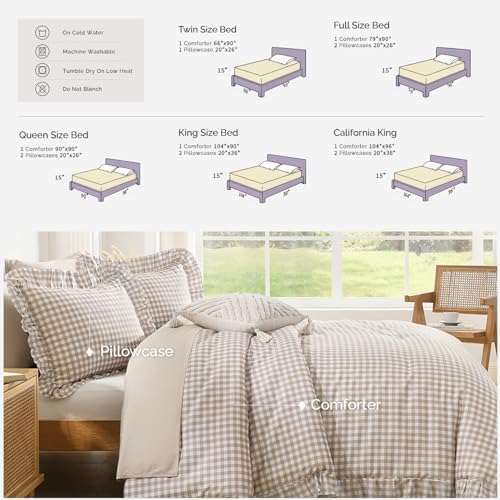 Andency Tan Gingham Ruffle Comforter Queen, 3 Pieces Vintage Bedding