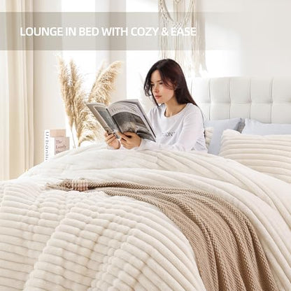 Smoofy Fluffy Twin Size Comforter 2 PCS - Cream White Fleece Bedding Set