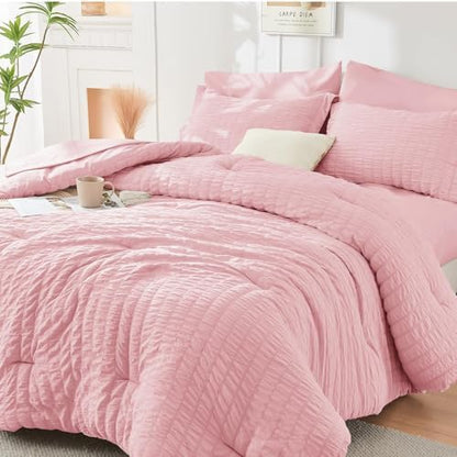 HYMOKEGE Pink Full Size Comforter Sets Seersucker 7 Pieces, All Season Luxury Bed in a Bag for Bedroom, Bedding Set with Comforters, Sheets, Pillowcases & Shams