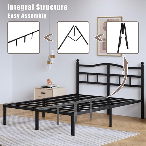 SHOANED Metal Bed Frame with Headboard - 14 Inch King Size Heavy Duty Bedframe Black Basic Steel Slats Platform No Box Spring Needed/Easy Assembly/Noise Free